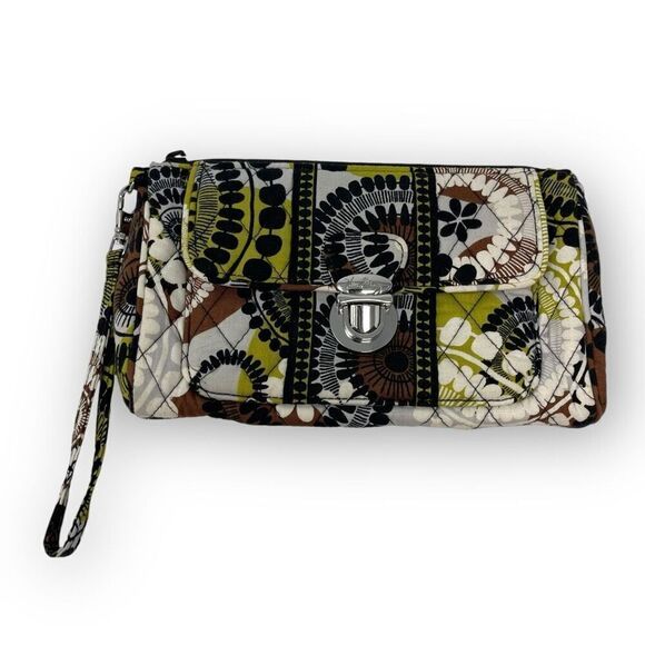Vera Bradley Pushlock Wristlet Cocoa Moss Pattern Floral Green Brown Flawed - Picture 1 of 7